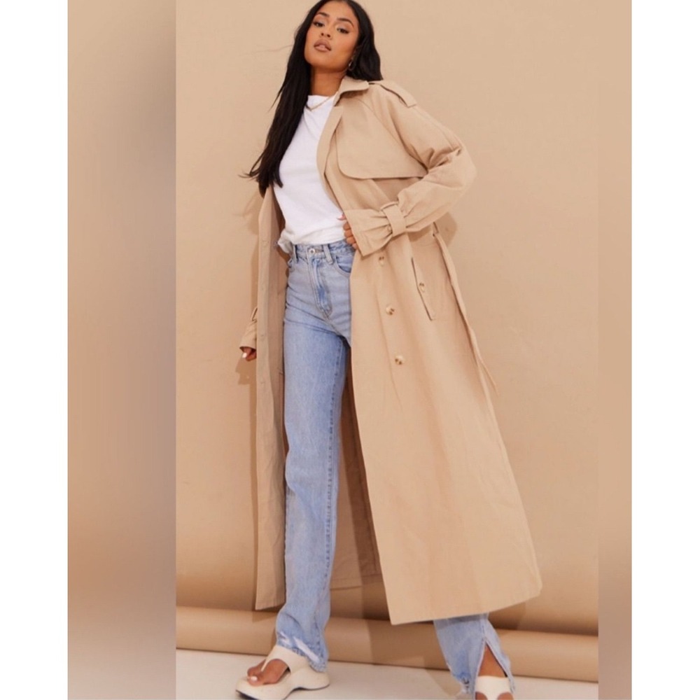 PrettyLittleThing Stone Oversized Trench Coat Cotton Longline Belted Tan US 4